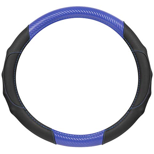 BDK GripDrive Carbon Fiber Steering Wheel Cover, Non-Slip Sporty Racing Faux Leather Ergonomic Comfortable Handle, Steering Wheel Cover for Cars Trucks Vans SUV - Fits Standard 15 Inch - Blue