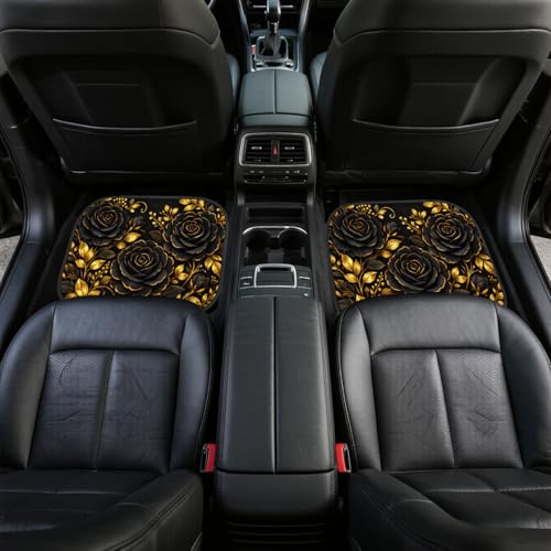 Rose Car Floor Mats Set of 4 Black Gold Floral Luxury Gothic Botanical Art Automotive Foot Mats Rugs Carpet for Car Non-Slip Auto Car Accessories Universal Fit for Car SUV Truck Van
