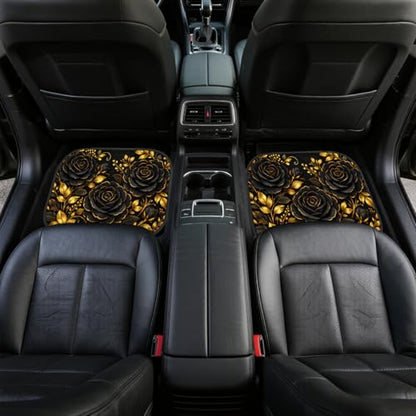 Rose Car Floor Mats Set of 4 Black Gold Floral Luxury Gothic Botanical Art Automotive Foot Mats Rugs Carpet for Car Non-Slip Auto Car Accessories Universal Fit for Car SUV Truck Van