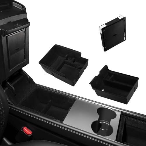 Motrobe 3PCS Tesla Model Y Model 3 Center Console Organizer Tray [Anti-Rattle Flocked] Armrest Hidden Storage Box Model Y 2021-2024 Model 3 2021-2023 Accessories [Not Fit 2024 Model 3 Highland] - size: 3PCS (For Model Y 2021-2024 & Model 3 2021-2023)