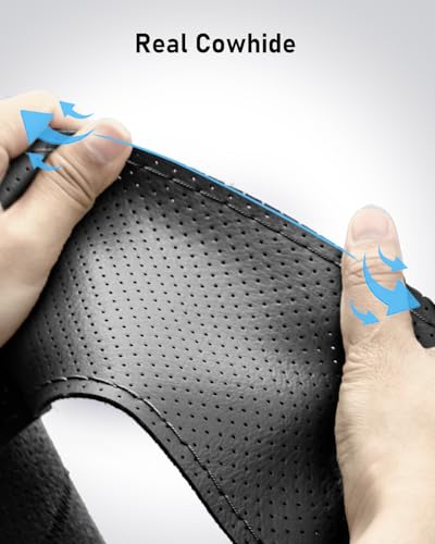 BELINOUS Universal Leather Car Steering Wheel Cover, Stitch On Wrap (Size M4, Black)
