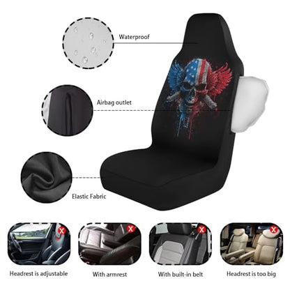 Skull American Flag Printed Car Seat Cover Front Seats Only, Waterproof Car Front Seat Covers Compatible with Airbag, All Weather Protector, Universal Fits Auto Interior Accessories - color: Black and Red - Skull American Flag