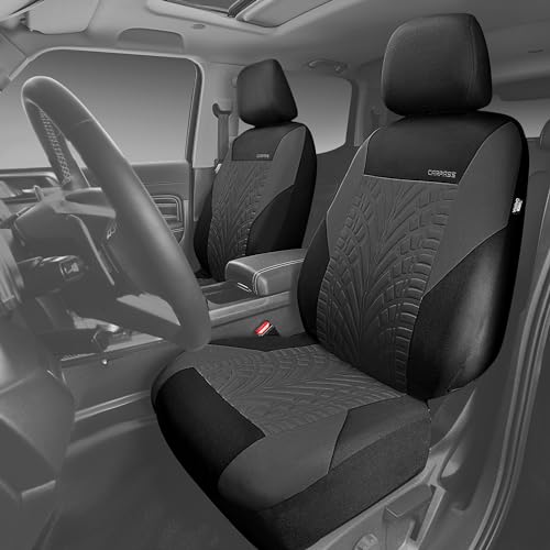 CAR PASS Emboss Tyre Front Seat Covers, Universal Fit Elastic Breath Premium Cloth seat Covers Front Seats only for Truck SUV Sedan, Airbag Compatible, Charcoal on Black - color: Black and Charcoal, size: Two Front
