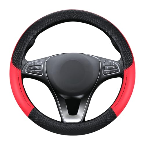 Black & Red Car Steering Wheel Cover, Microfiber, Leather Patchwork, Universal 14.5-15 Inch Leather Anti-Slip Breathable Auto Steering Wheel Covers for Men Women