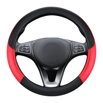 Black & Red Car Steering Wheel Cover, Microfiber, Leather Patchwork, Universal 14.5-15 Inch Leather Anti-Slip Breathable Auto Steering Wheel Covers for Men Women