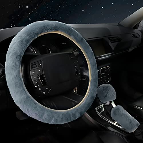 Cute Fluffy Steering Wheel Cover Set for Women, YUNXNYC 1 Set 8 Pieces Fluffy Car Accessories Set Soft Fuzz Handbrake Cover Gear Shift Cover Fur Seat Belt Shoulder Pads Furry Ball Key Chain (Gray) - color: Gray
