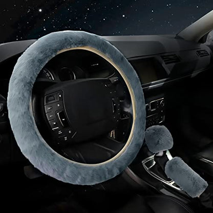 Cute Fluffy Steering Wheel Cover Set for Women, YUNXNYC 1 Set 8 Pieces Fluffy Car Accessories Set Soft Fuzz Handbrake Cover Gear Shift Cover Fur Seat Belt Shoulder Pads Furry Ball Key Chain (Gray) - color: Gray