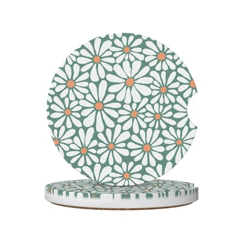 Green and White Floral Car Coasters for Cup Holders,2 Pack Car Cup Holder Coasters for Car,Ceramic Absorbent Car Coaster with A Finger Notch and Cork Base,Car Interior Accessories for Women Men - color: Green and White Floral