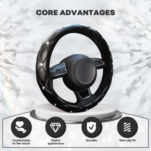 Cute Sparkly Black Car Steering Wheel Cover, Soft Breathable Anti-Slip PU Leather Steering Wheels Covers with Diamond Bling Rhinestone,Universal Protector Cars Accessories - color: Black