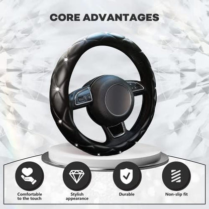 Cute Sparkly Black Car Steering Wheel Cover, Soft Breathable Anti-Slip PU Leather Steering Wheels Covers with Diamond Bling Rhinestone,Universal Protector Cars Accessories - color: Black