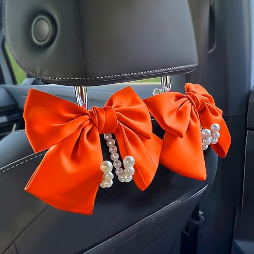 2 PCS Bow Pearl Car Seat Headrest Hook – Cute Purse Hook for Car, Girly Interior Decoration Accessories Hook Hanger, Seatback Holder for Purses & Bags, Elegant Car Organizer (Orange) - color: Orange