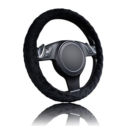 Flying Banner car Steering Wheel Cover Soft Velvet Warm Universal Size 15 inches SUV Truck Anti Slip Odorless Summer Winter (Black, Velvet Massage) - color: Black