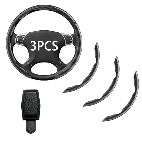 Steering Wheel Covers, Carbon Fiber Anti-Skid Clip on Car Steering Wheel Cover Protector 3PCs, with Magnetic Leather Sunglasses Holder for Car Visor, Black - color: BLACK