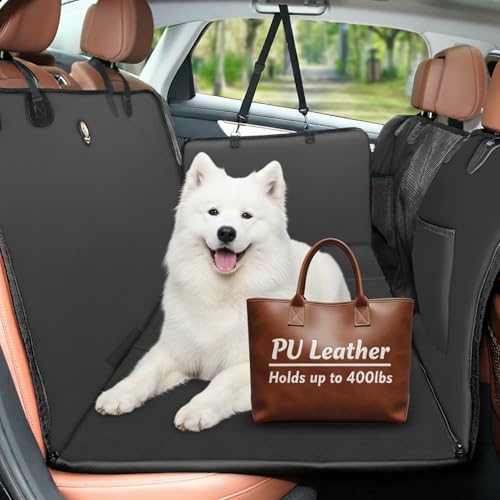 Tails & Tales Back Seat Extender for Dogs, Waterproof Dog Car Seat Cover with Hard Bottom, Upgraded Double-Thick PU Leather, Anti-Scratch, Supports up to 400 lbs, Safer, Easy to Use and Clean