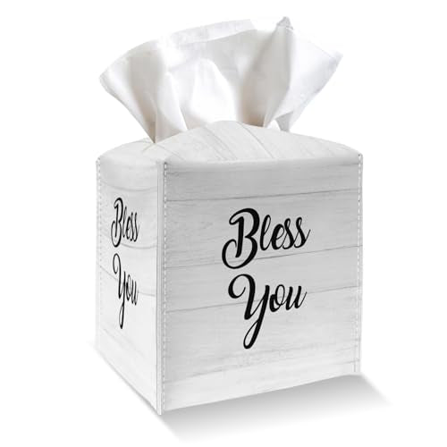 Tissue Box Cover Holder - Bless You PU Leather Tissue Box Cover with Bottom Belt, Square Facial Paper Organizer Dispenser for Tabletop, Bathroom, Kitchen, Car & Office -026 - color: Bless You
