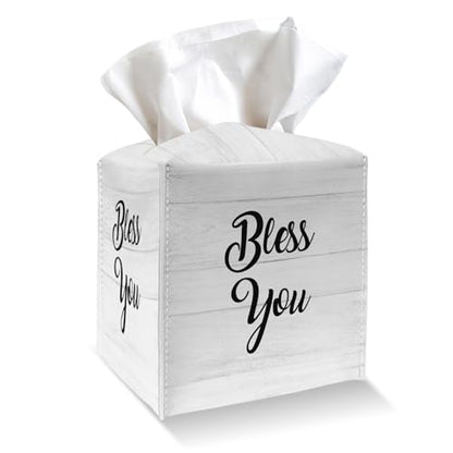 Tissue Box Cover Holder - Bless You PU Leather Tissue Box Cover with Bottom Belt, Square Facial Paper Organizer Dispenser for Tabletop, Bathroom, Kitchen, Car & Office -026 - color: Bless You