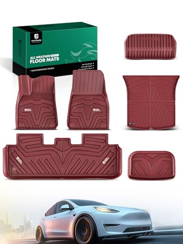 YHTAUTO for Tesla Model Y 2025 2024 2023 2022 2021 2020 Floor Mats & Cargo Liners, (5-Seat, NOT Fit Model Y Juniper), All Weather Car Mats, 1st & 2nd Row & Frunk Rear Trunk Mat, Set of 6, Red - color: Red, size: 6-Piece Set
