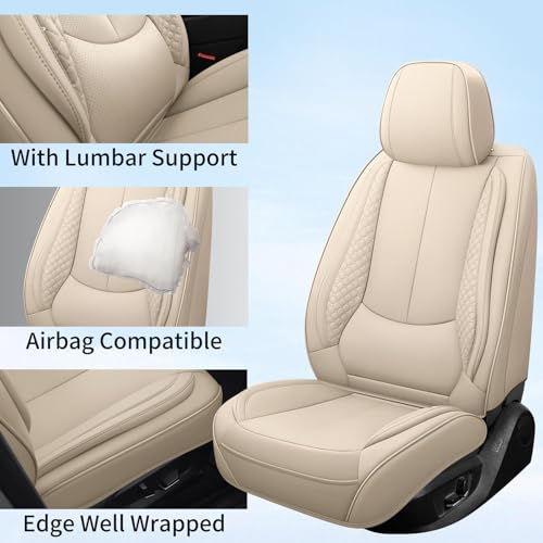 Car Seat Covers Full Set, Luxury Faux Leather Car Seat Covers Waterproof Non-Slip Seat Protector Universal Fit for Most Cars SUVs Trucks Pick-ups,Car Accessories Interior for Women(Beige)