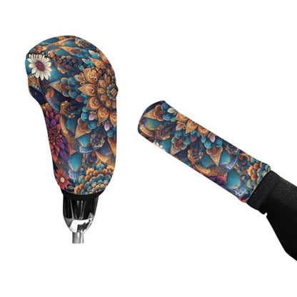 AFPANQZ Handbrake Cover & Shift Gear Knob Cover Bohemian Flower Universal Gear Stick Case Sleeve Non-Slip Soft Fit Most Cars Sedan SUV Van Truck Universal - color: Bohemian Flower