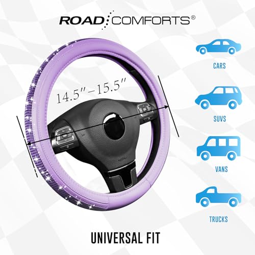Road Comforts Bling Steering Wheel Cover – Purple Diamond Design, Universal Fit 14.5-15 Inch, Microfiber Leather, Anti-Slip & Breathable Design for Men and Women - color: Purple & Purple