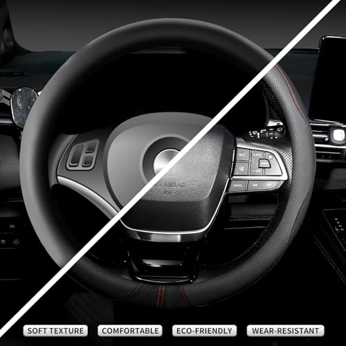 Nappa Leather Steering Wheel Cover, Universal 14.5-15 inch, Anti-Slip Breathable Leather, Sporty Style, Durable Grip Car Accessory for Men Women, Black - color: black