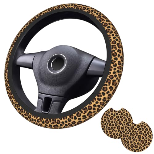 Cheetah Leopard Steering Wheel Cover - Leopard Steering Wheel Covers Women Men Car Cup Holder Pad 2 Pack Decor Anti-Slip Auto Neoprene Universal 15 Inch Steering Wheel Protector - color: Leopard print