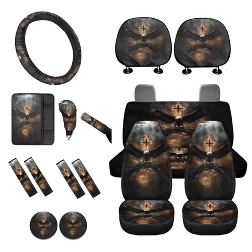 16 Pieces Car Seat Covers Full Sets, Eagle Cross Print Front Rear Seat Cover for Cars, Steering Wheel Cover Seat Belt Pads Arm Rest Covers Coaster Keychain, Universal Fit Auto Accessories - color: Black and Yellow - Eagle Cross