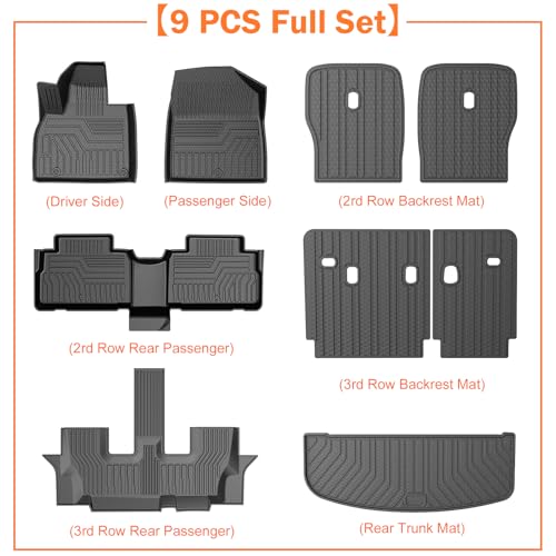 KUST Floor Mats Set for 2020-2025 Kia Telluride Accessories (7 Seats), Rear Cargo Trunk Liner with 2nd/3rd Row Backrest Kick Mat All Weather Protection TPE Rubber Raised Edge, Full Set of 9pcs - style: For │ Telluride 7 Seats 2020-2025 │ Full Set
