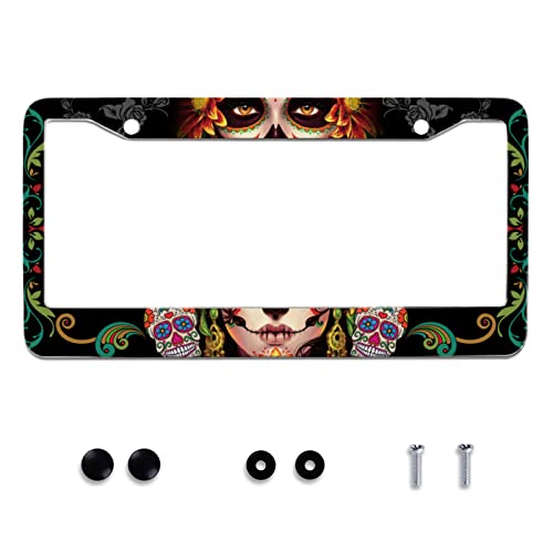 Personalise Sugar Skull Retro License Plate Frame Colorful Candy Skulls License Plate Car Universal Stainless Steel Accessories Cars Decor 2 Holes Screws Fits Standard US Vehicles Size 12.2 x 6 Inch - color: Sugar Skull Retro Skulls