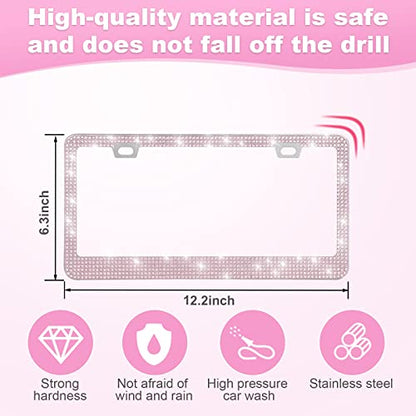 QUANQIUFEI 2 Pack Bling License Plate Frames for Women, Sparkly Rhinestone Diamond Car Accessories with Glitter Crystal Caps (Pink) - color: Pink