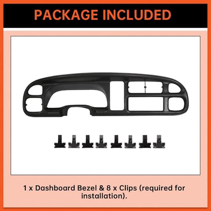 ECOTRIC Dash Board Bezel Cover Compatible with 1998-2002 Dodge Ram 1500 2500 3500 Truck Replace for 68042746AC, 5GK51DX9AA, 5EU11DX9AB w/Clips - size: Dash Bezel W/O Vents