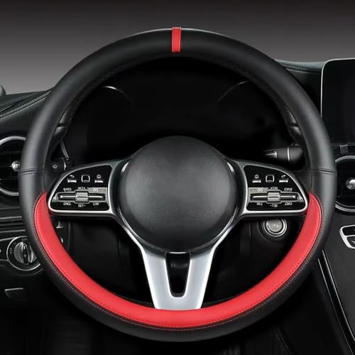 Morandi Color Steering Wheel Cover, Nappa Leather, Fashionable Sporty Style, Universal 15 inches, Black and red - color: Black and red