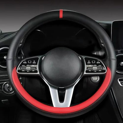 Morandi Color Steering Wheel Cover, Nappa Leather, Fashionable Sporty Style, Universal 15 inches, Black and red - color: Black and red