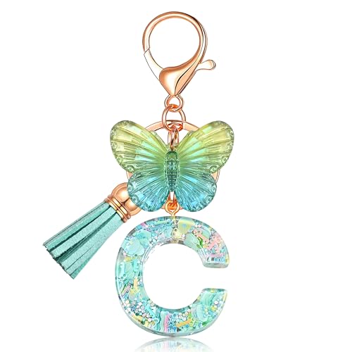 JINGUAZI Initial letter Keychains for Women Tassel Butterfly Pink Purple Cute Car Keychain for Wallet Backpack bag charm - color: C-green