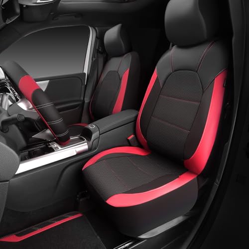CAR PASS Air Mesh Leather Car Seat Covers for Front Seats, Waterproof Car Floor Mats, Sporty Steering Wheel Cover, Universal Fit for 95% Cars Truck SUV (Black and Red) - color: Red