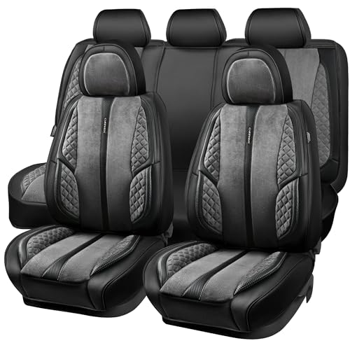 CAR PASS Suede Leather Seat Covers Full Set Soft Protector Durable Cushioned Warm in Winter Breath in Summer,Universal Sport Car Seat Cover Fit for Sedan SUV Pick-up Truck,Anti-Slip and Backseat(Grey) - color: Gray, size: Full Set