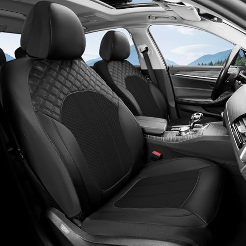 FLORICH Automotive Seat Covers Front Seat Cover Leather & Mesh Car Seat Cover Breathable Cars Seats Protector Cushion Car Interior Cover Universal Fit for Most Car SUV Sedan Truck, Black - color: Deep Black, size: FrontPair
