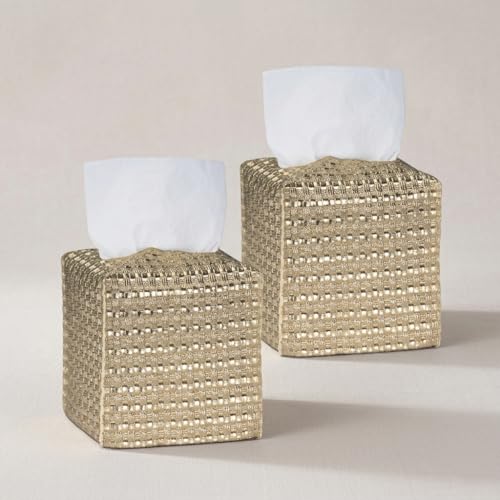 Tissue Box Cover 2-Pack, Square Tissue Holder with Bottom Belt, Modern Tissue Case Facial Paper Organizer Dispenser for Bathroom, Office, Home, Table, Car, Woven Pattern Golden - color: Golden, size: Woven Pattern