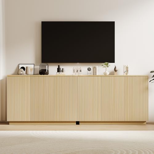 Sideboard Buffet Cabinet with Storage - 47" Fluted Coffee Bar Cabinets Credenza with Adjustable Shelves, Accent Buffets & Sideboards Console, Wood Side Board for Living Room, Kitchen, Entryway - color: Natural Wood