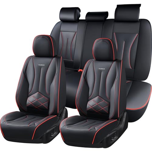 FLORICH Leather Car Seat Cover, Car Seat Covers Full Set, Waterproof Car Seat Protectors 5 Seats, Front and Rear Seat Covers for Cars, Automotive Seat Covers Protector Fit for Most Cars Trucks - color: Black&RedLine, size: FullSet