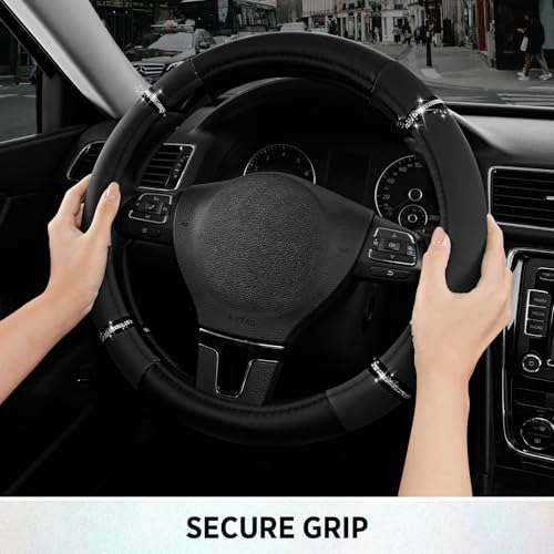 Road Comfort Leather Steering Wheel Cover – Premium Anti-Slip Car Steering Wheel Grip Cover – Universal Fit for 14.5”–15” Cars, Trucks & SUVs - Black - color: Black