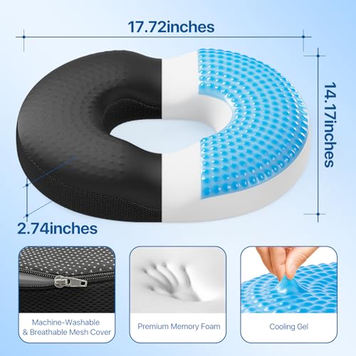 Donut Pillow Seat Cushion - Memory Foam Cooling Gel Lifting Cushion for Office & Home Chair, – Doctor Recommended Office Chair Cushion, Car Seat Cushion – Cushions for Back (Black)