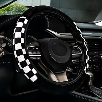 Fluffy Car Steering Wheel Covers Universal Checkered Plaid Wheel Protector Soft Plush Winter Keep Warm Steering Wheel Cover Fit for Truck, SUV, Cars