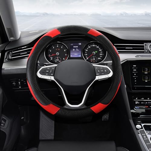 Car Steering Wheel Cover, Steering Wheel Protector, Universal 14.5-15 Inch Microfiber Leather Breathable Auto Steering Wheel Covers, Carbon Fiber Steering Wheel Cover for Women Men (Red) - color: Red