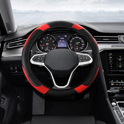 Car Steering Wheel Cover, Steering Wheel Protector, Universal 14.5-15 Inch Microfiber Leather Breathable Auto Steering Wheel Covers, Carbon Fiber Steering Wheel Cover for Women Men (Red) - color: Red