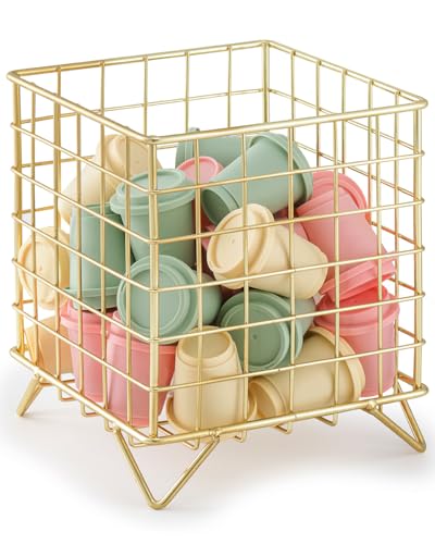 K Cup Holder Organizer, 5.3" x 5.3" x 6.3" Coffee Pod Storage Basket, Coffee Bar Accessories Metal Basket, Large Capacity Countertop Organizer for Kitchen Counter & Office Desktop (Gold) - color: Gold