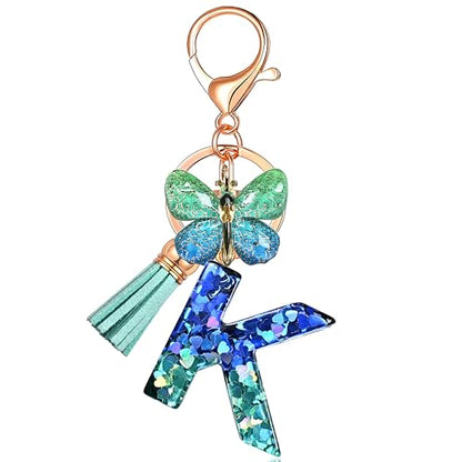 JINGUAZI Initial letter Keychains for Women Tassel Butterfly Pink Purple Cute Car Keychain for Wallet Backpack bag charm - color: K-blue Green