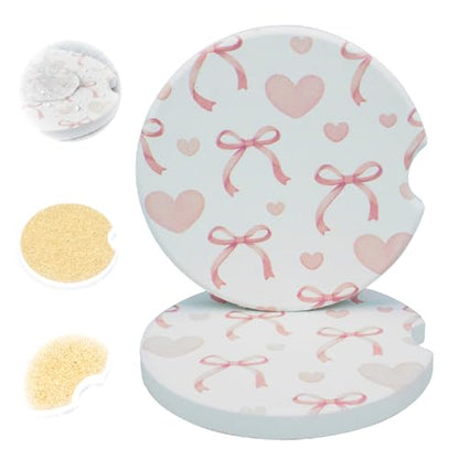 Ceramic Car Coasters, 2 Pack, 2.64" Absorbent Car Cup Holder Coasters, Cute Ceramic Car Coasters for Women, Heart Bow Pattern - color: Heart Bow