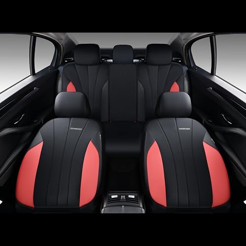 Coverado Car Seat Covers Full Set, 5 Seats Waterproof Nappa Leather Automotive Seat Protectors, Front & Rear Luxury Mesh Seat Covers,All-Weather Universal Fit for Most Cars SUVs, Trucks,Black&Red - color: red&black, size: FullSet
