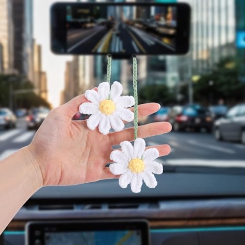 Ymapinc Crochet Car Accessories, Cute Hanging Rear View Mirror Decor Daisy Flower Charm for Women Handmade Knitted BOHO Aesthetic Pendant(Cotton)